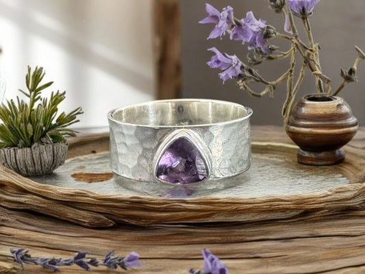 Amethyst Sterling Silver Ring - Wide Band Sterling Silver