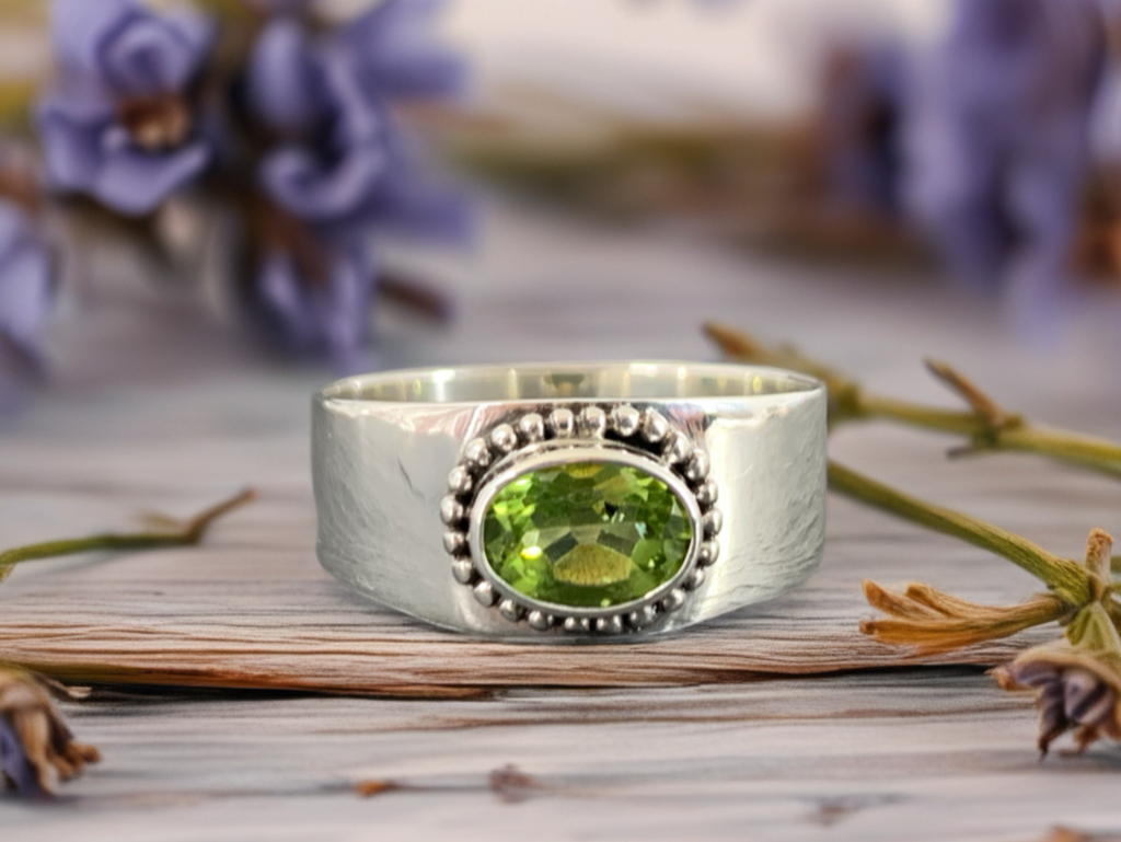 Sterling Silver Peridot Ring - Wide Band Statement Ring size 8US