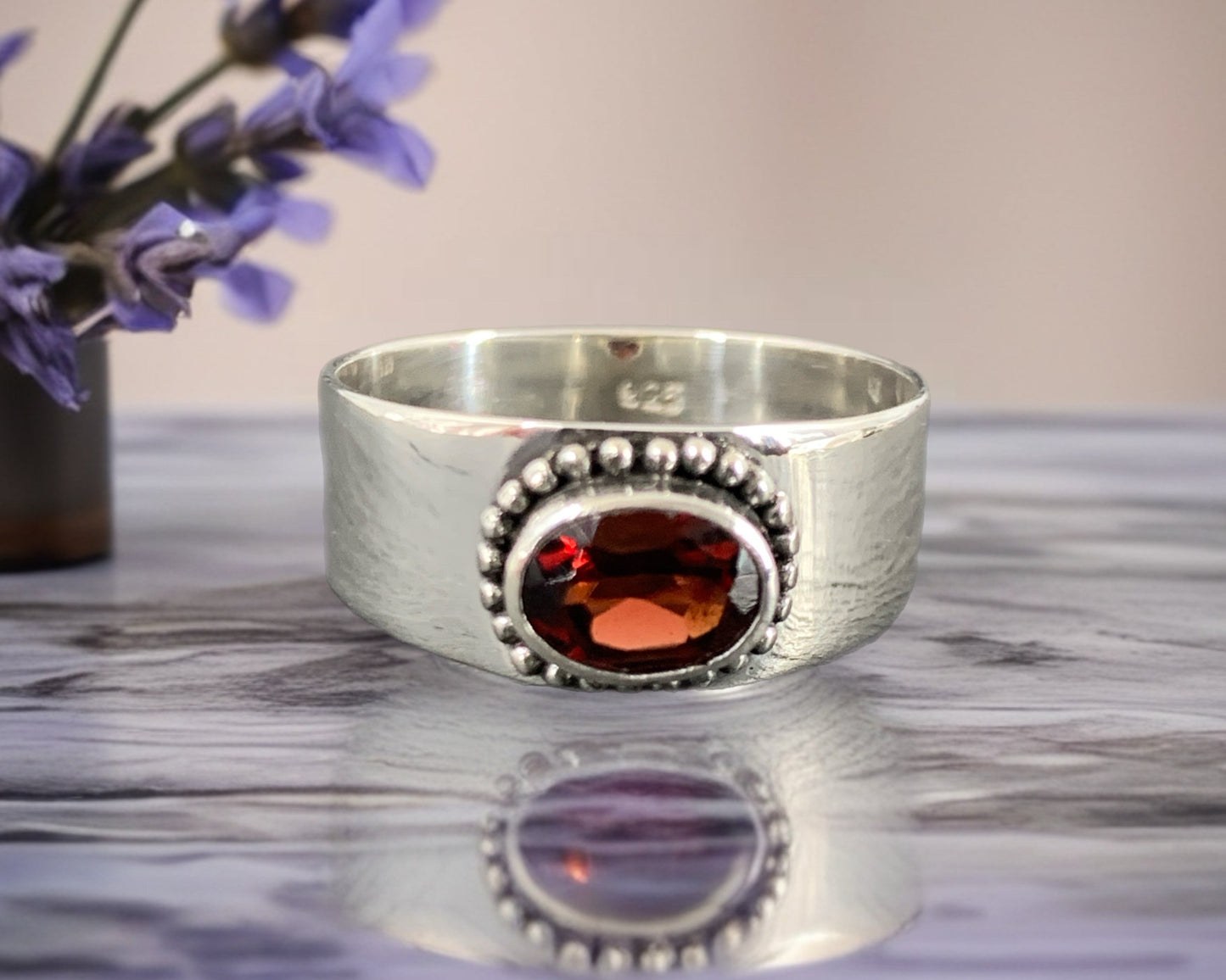 Sterling Silver Garnet Ring - Wide Band Statement Ring - size 8US
