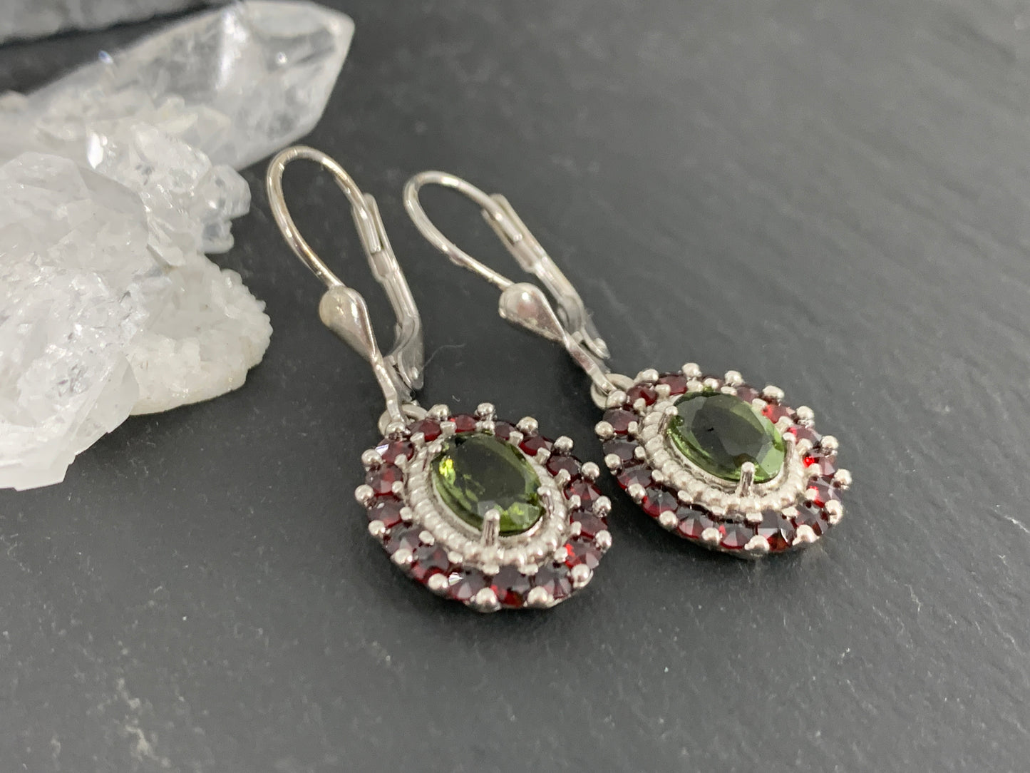 "Mothallah" Earrings / Moldavite & Garnet Earrings