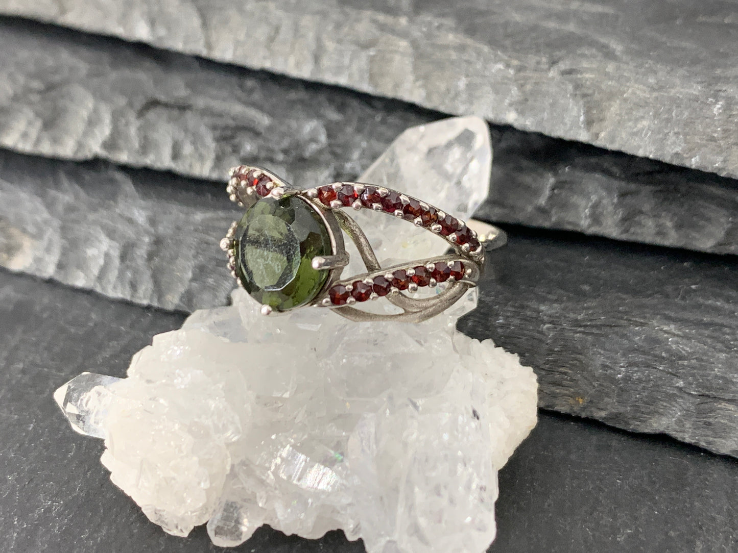 "Mira" Ring- Moldavite & Garnet size 8.75
