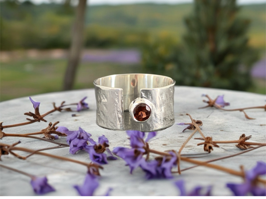 Sterling Silver Garnet Ring - Wide Band Statement Ring - size 7.25US