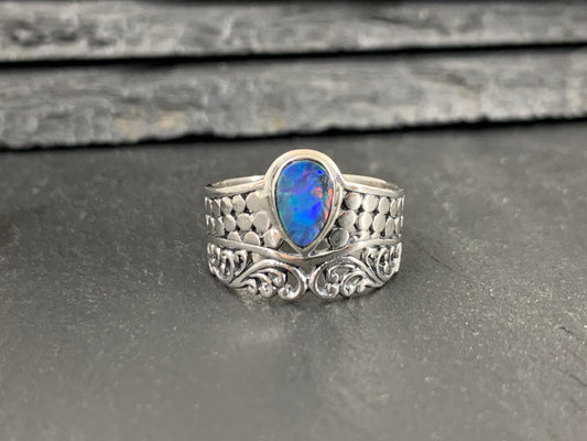 Sterling Silver Australian Opal Ring - Wide Band Statement Ring - size 7US