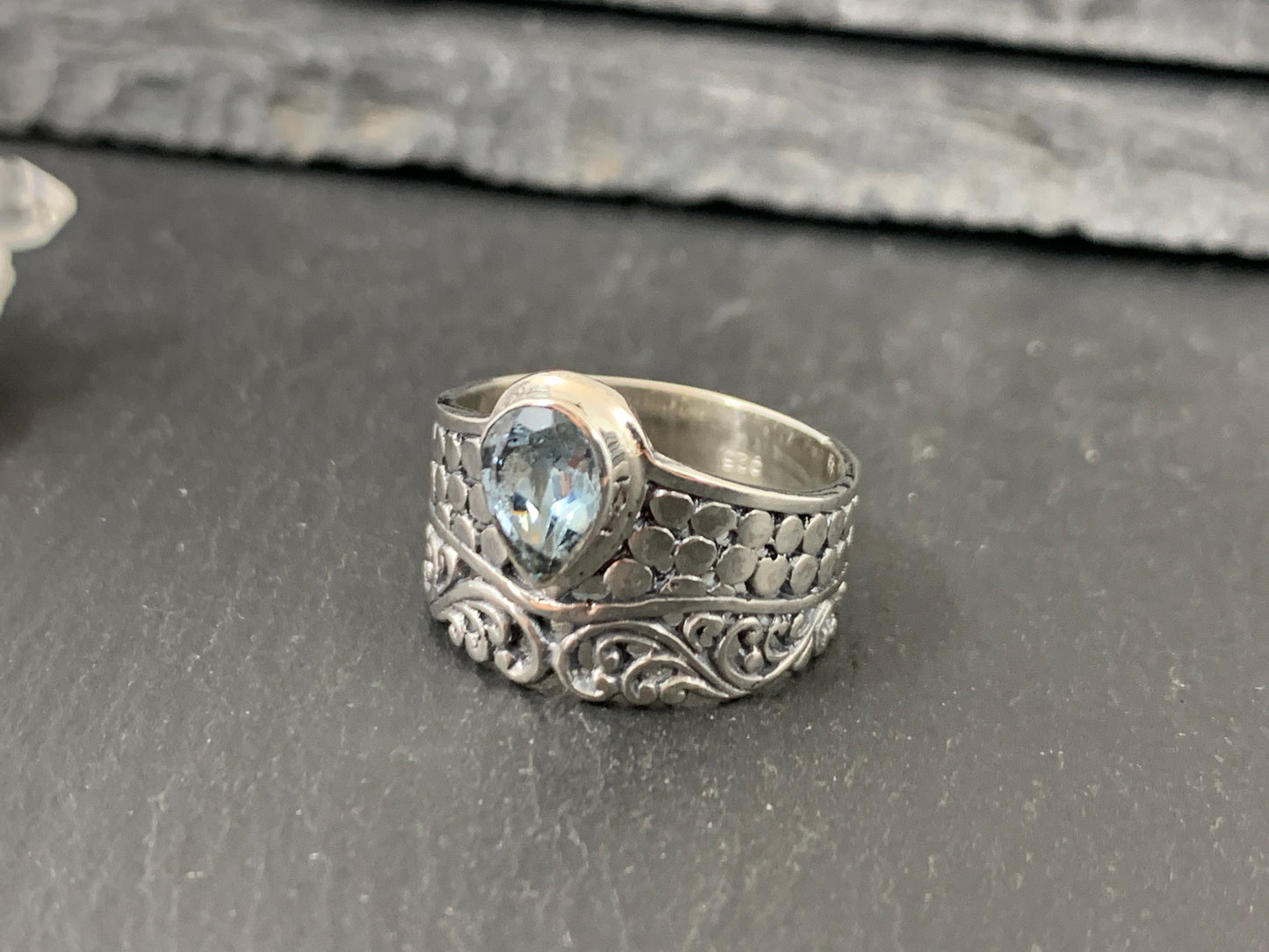 Sterling Silver Topaz Ring - Wide Band Statement Ring - size 6.25 & 7US