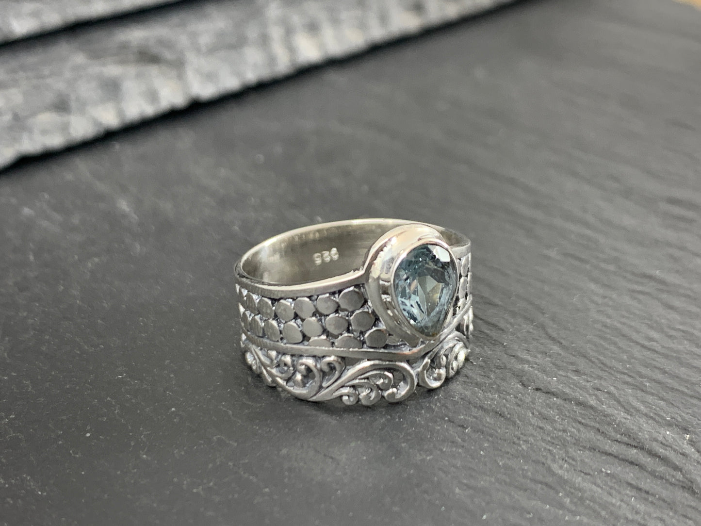 Sterling Silver Topaz Ring - Wide Band Statement Ring - size 6.25 & 7US