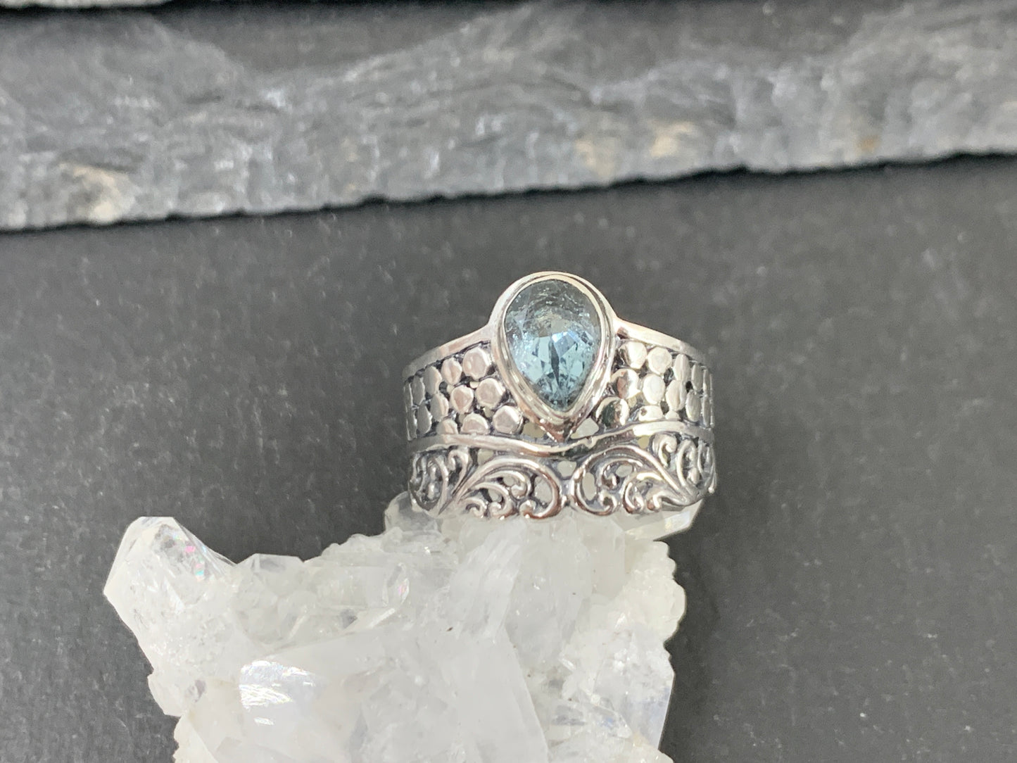Sterling Silver Topaz Ring - Wide Band Statement Ring - size 6.25 & 7US