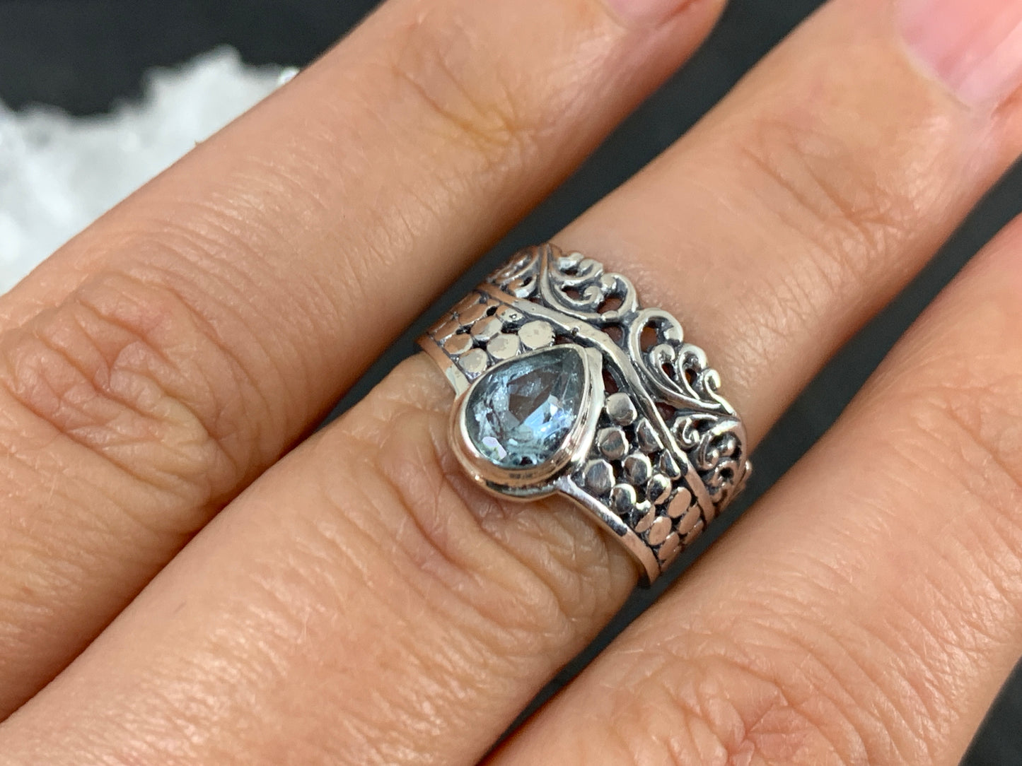Sterling Silver Topaz Ring - Wide Band Statement Ring - size 6.25 & 7US