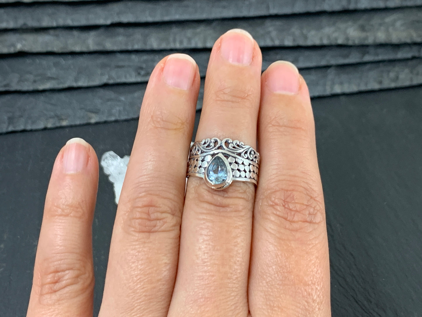 Sterling Silver Topaz Ring - Wide Band Statement Ring - size 6.25 & 7US