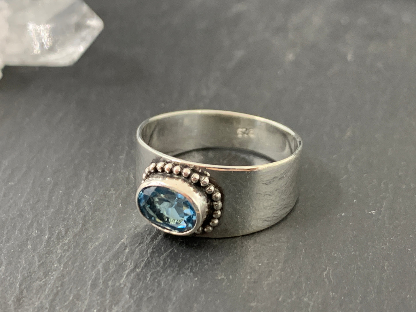 Sterling Silver Topaz Ring - Wide Band Statement Ring size 7 & 6US