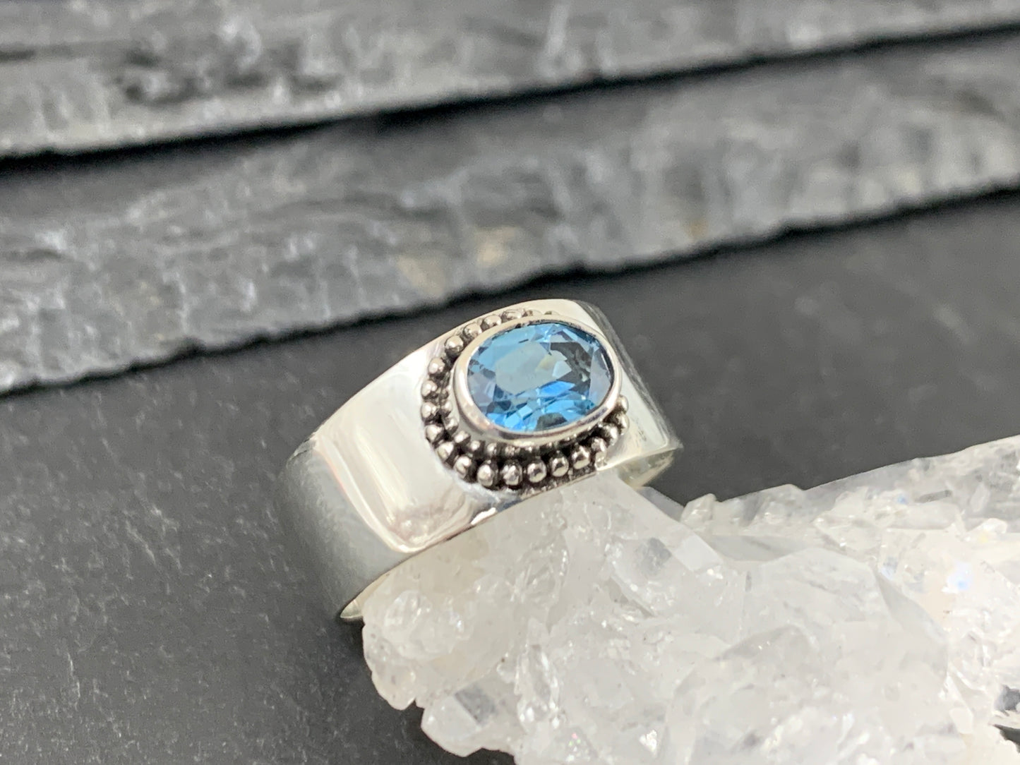 Sterling Silver Topaz Ring - Wide Band Statement Ring size 7 & 6US