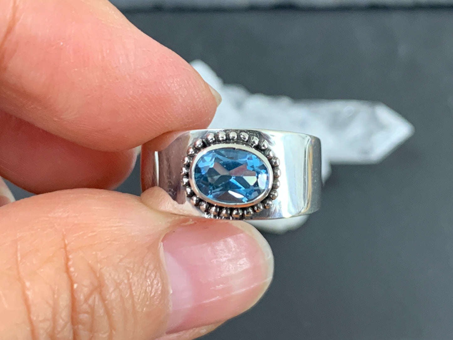Sterling Silver Topaz Ring - Wide Band Statement Ring size 7 & 6US