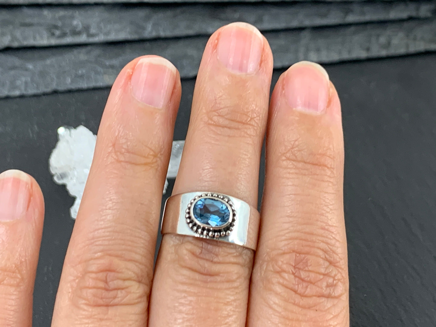 Sterling Silver Topaz Ring - Wide Band Statement Ring size 7 & 6US