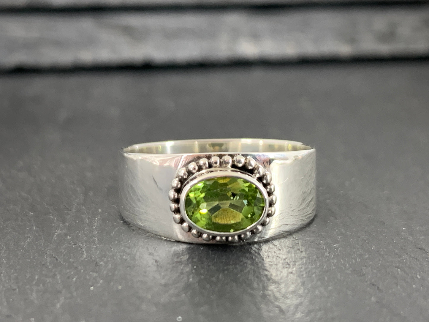 Sterling Silver Peridot Ring - Wide Band Statement Ring size 8US