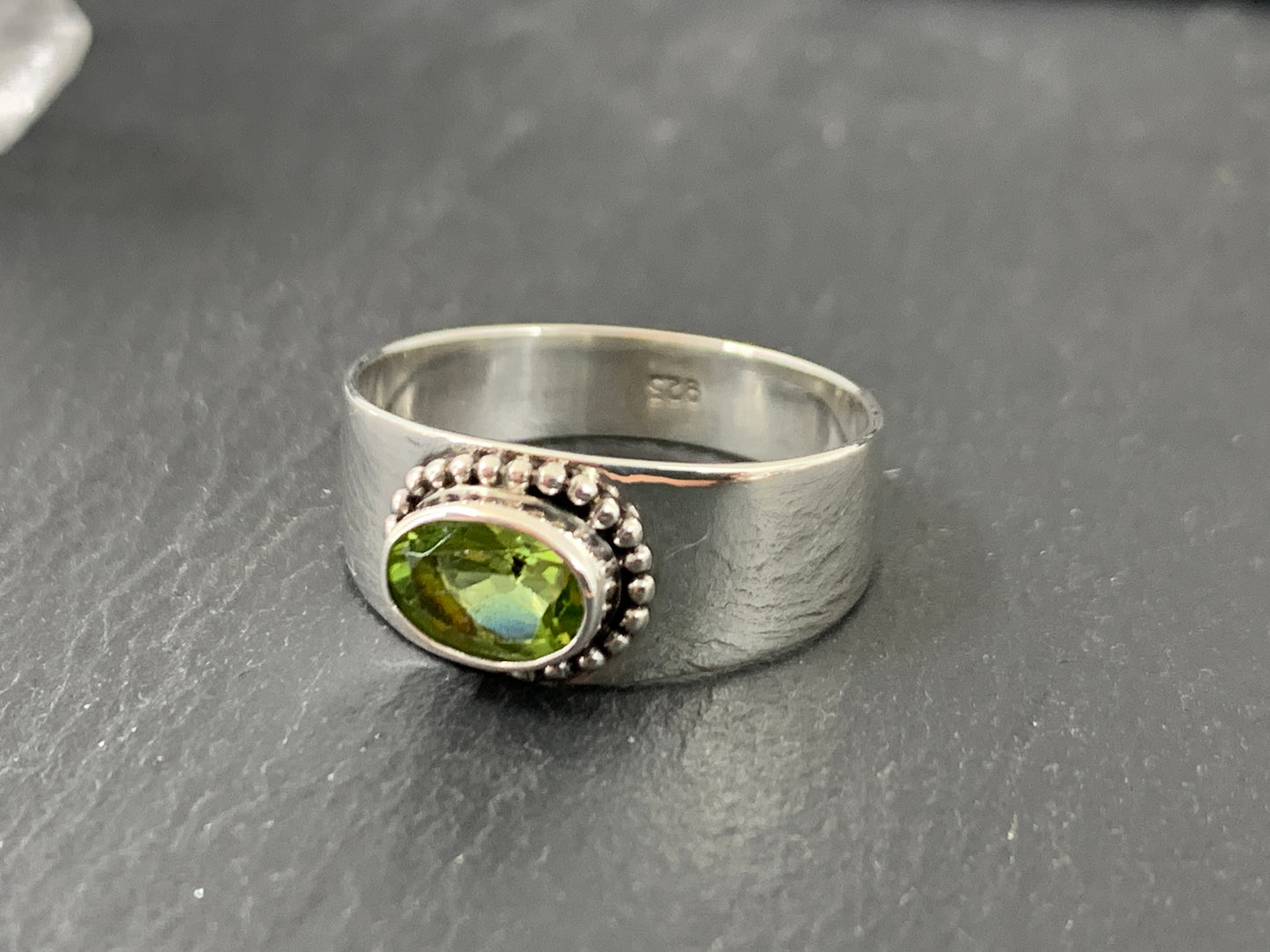 Sterling Silver Peridot Ring - Wide Band Statement Ring size 8US