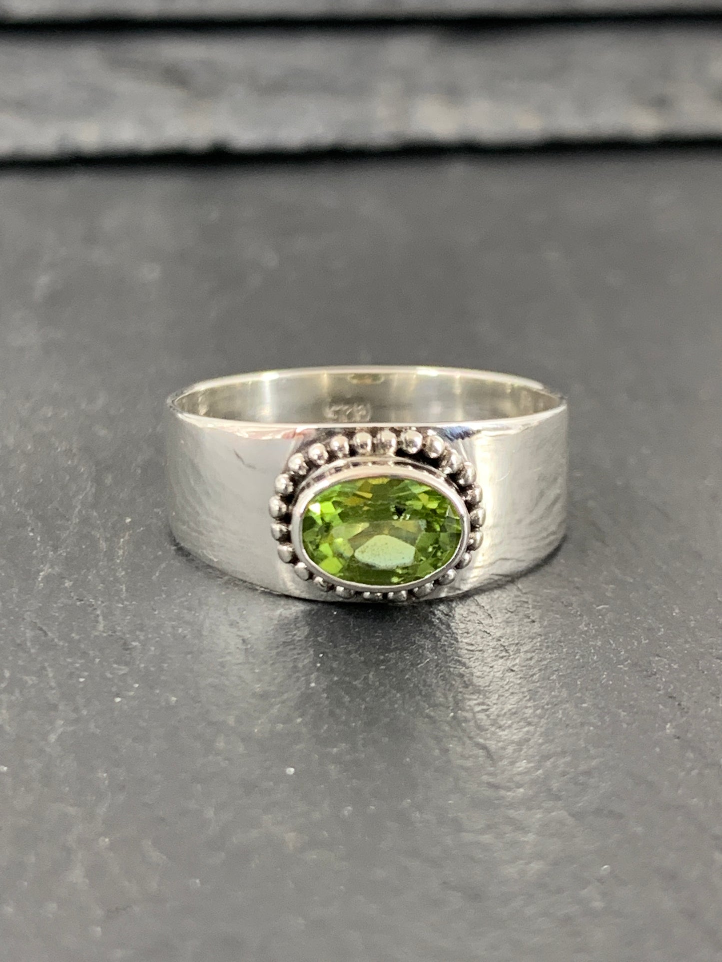 Sterling Silver Peridot Ring - Wide Band Statement Ring size 8US
