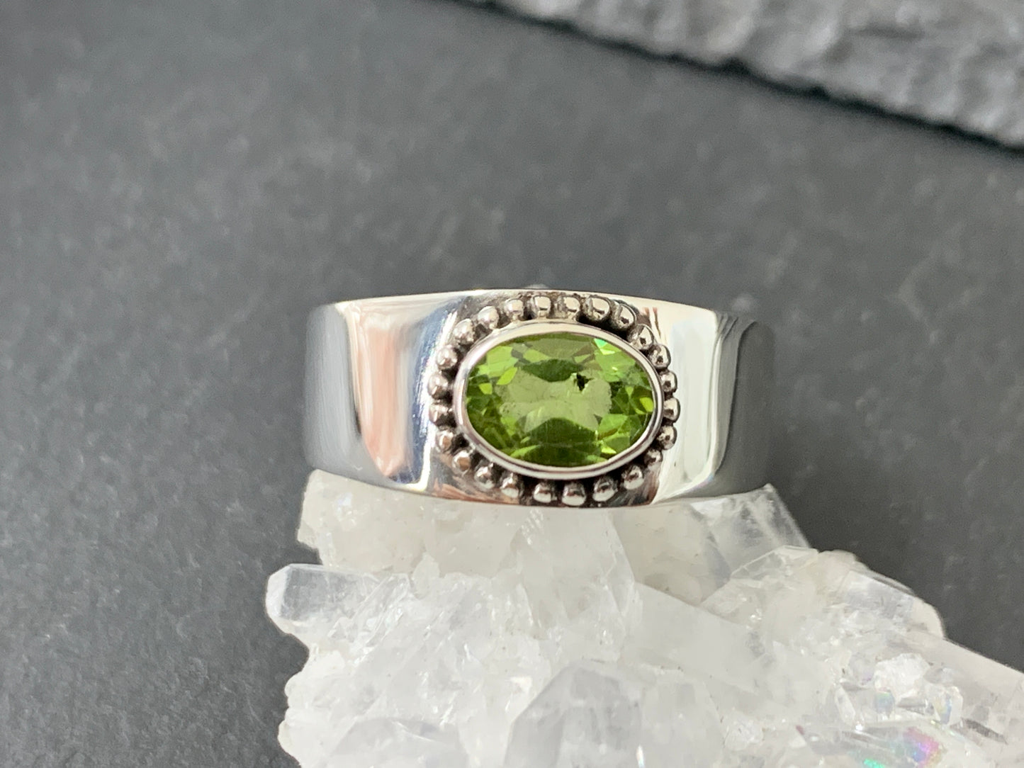 Sterling Silver Peridot Ring - Wide Band Statement Ring size 8US