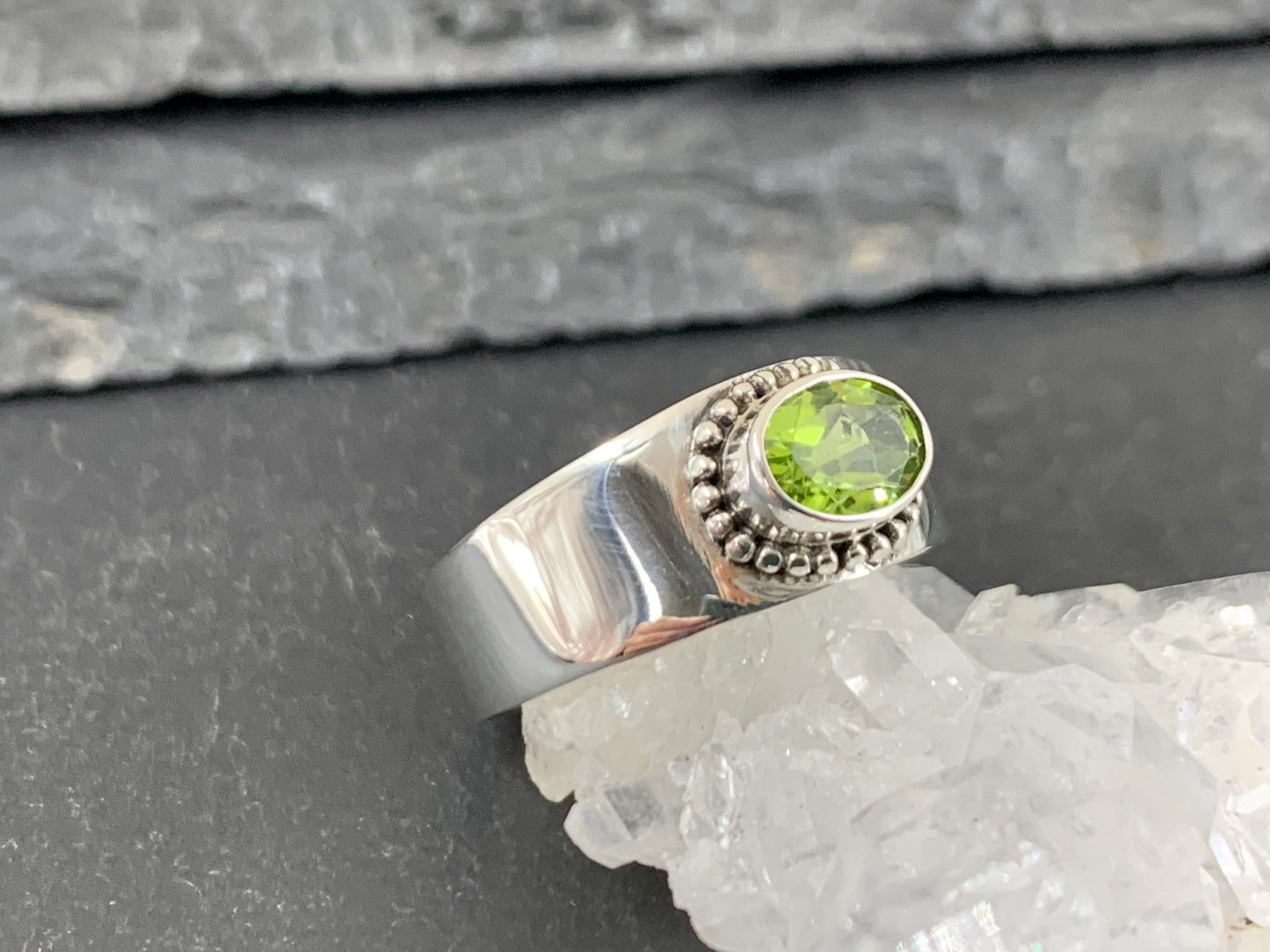 Sterling Silver Peridot Ring - Wide Band Statement Ring size 8US