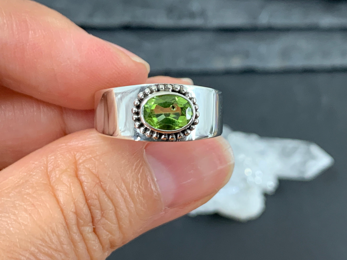 Sterling Silver Peridot Ring - Wide Band Statement Ring size 8US