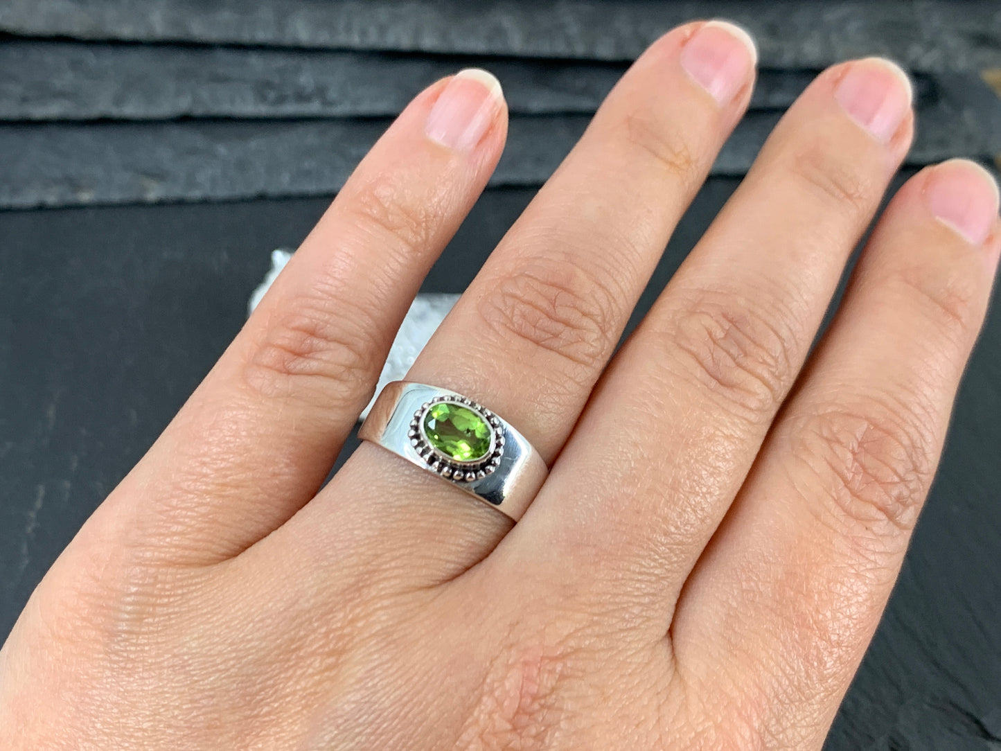 Sterling Silver Peridot Ring - Wide Band Statement Ring size 8US