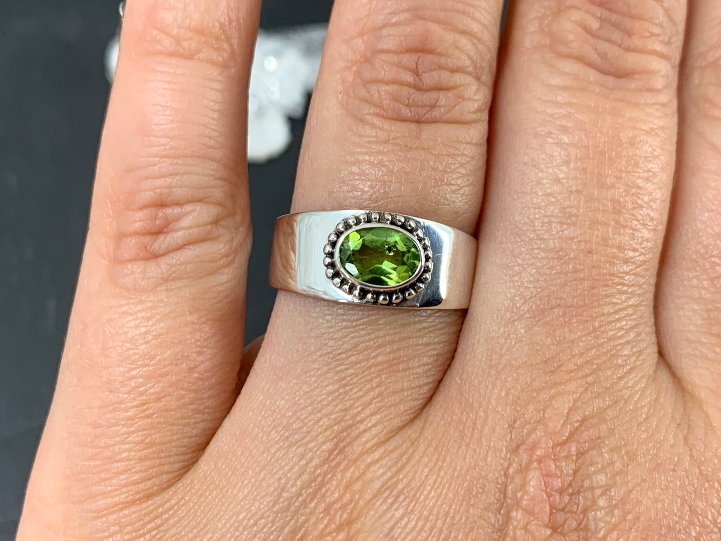 Sterling Silver Peridot Ring - Wide Band Statement Ring size 8US