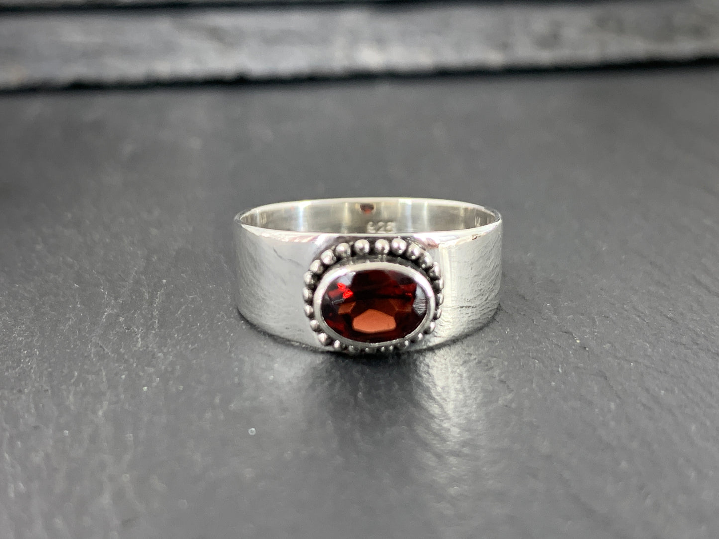 Sterling Silver Garnet Ring - Wide Band Statement Ring - size 8US