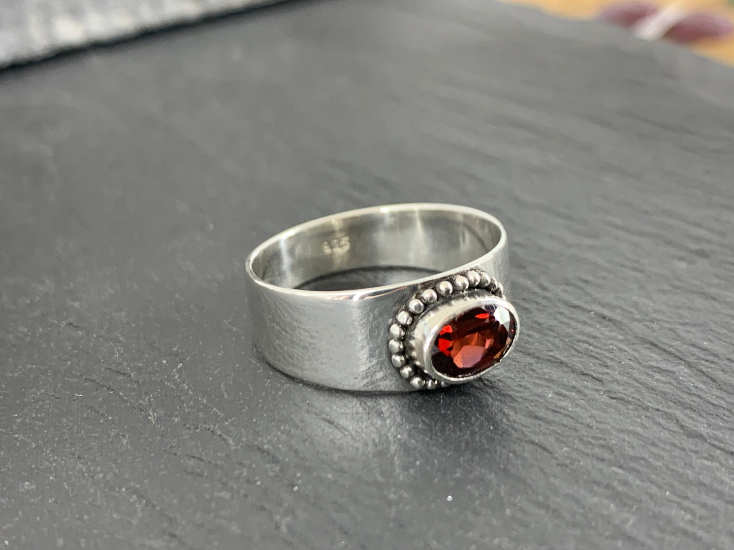 Sterling Silver Garnet Ring - Wide Band Statement Ring - size 8US