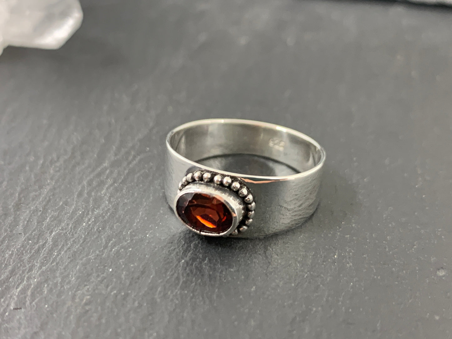 Sterling Silver Garnet Ring - Wide Band Statement Ring - size 8US