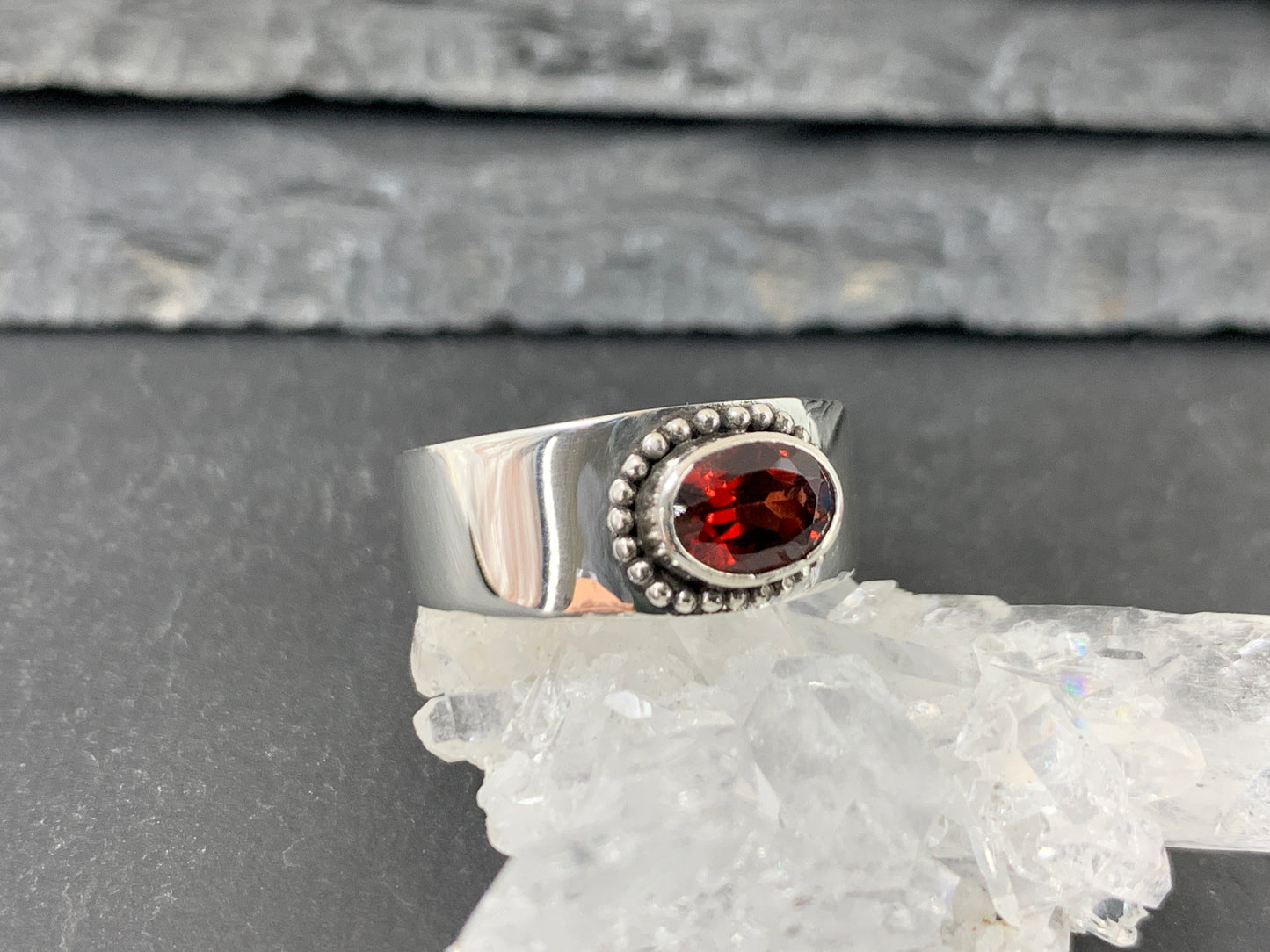 Sterling Silver Garnet Ring - Wide Band Statement Ring - size 8US