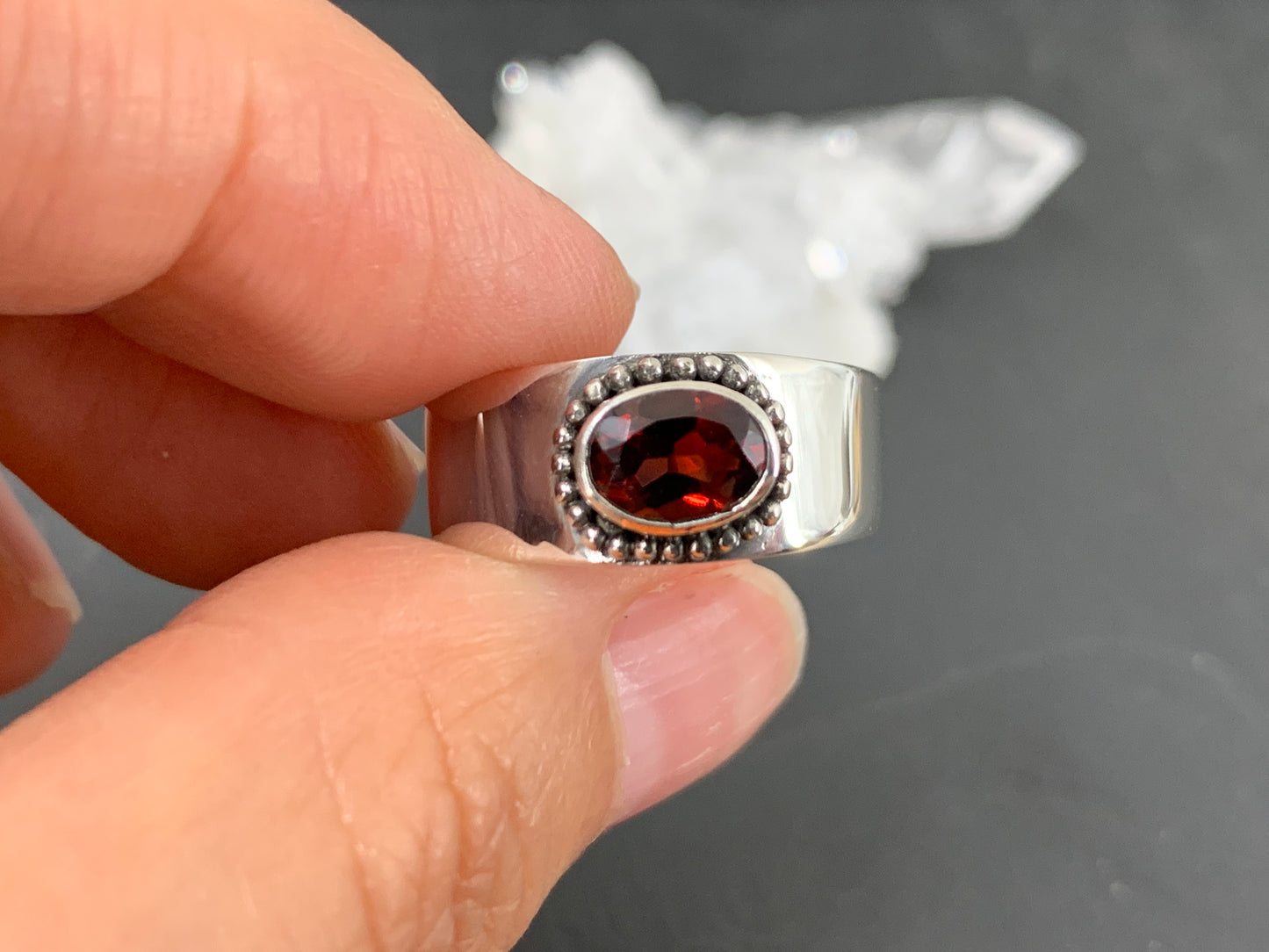Sterling Silver Garnet Ring - Wide Band Statement Ring - size 8US