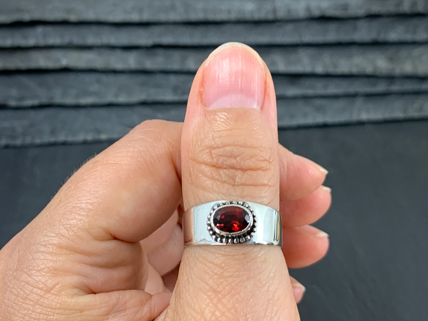 Sterling Silver Garnet Ring - Wide Band Statement Ring - size 8US
