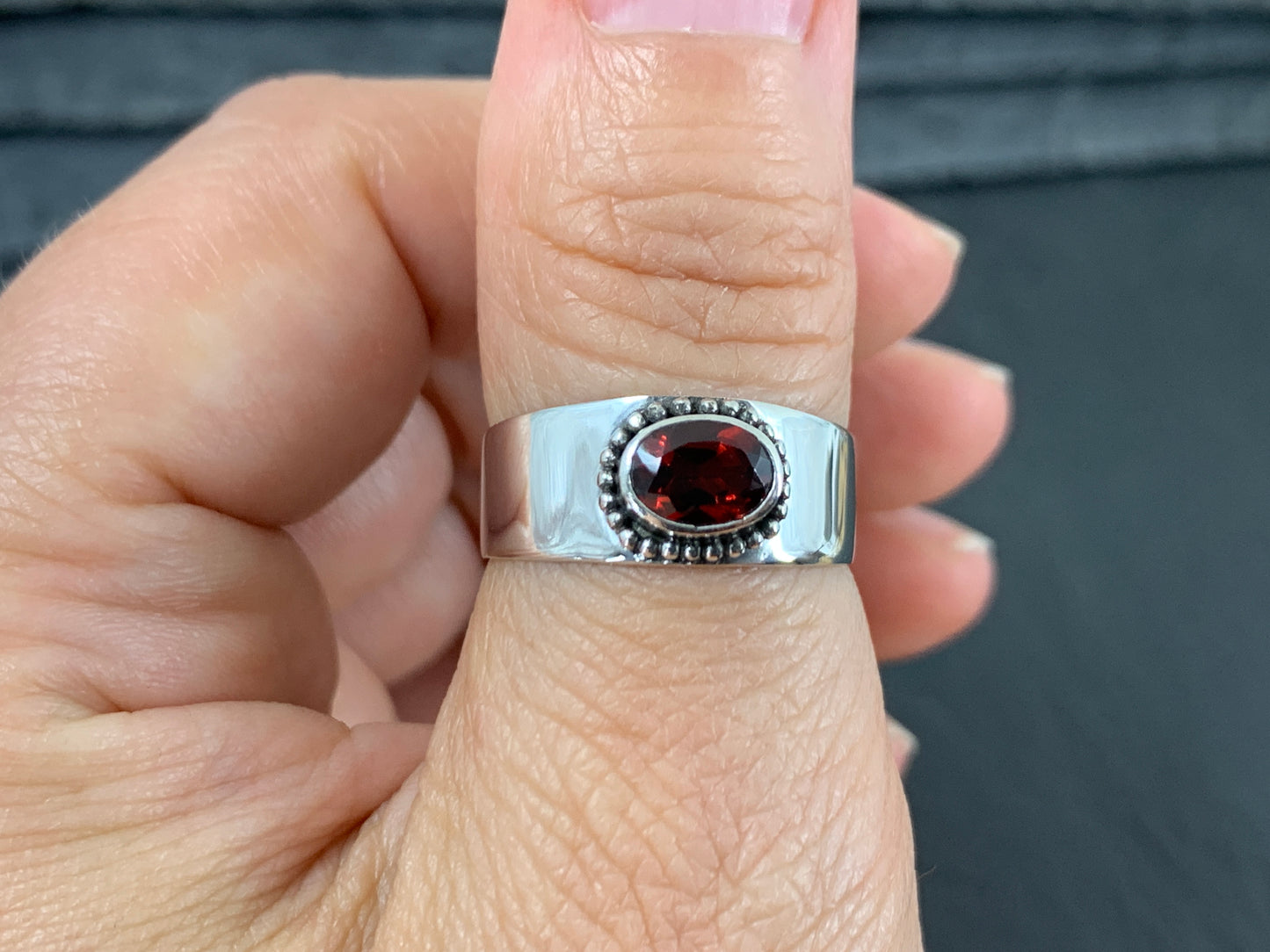 Sterling Silver Garnet Ring - Wide Band Statement Ring - size 8US