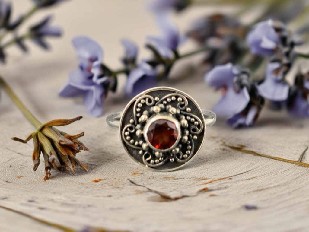 Rhodolite Garnet Sterling Silver Flower Ring