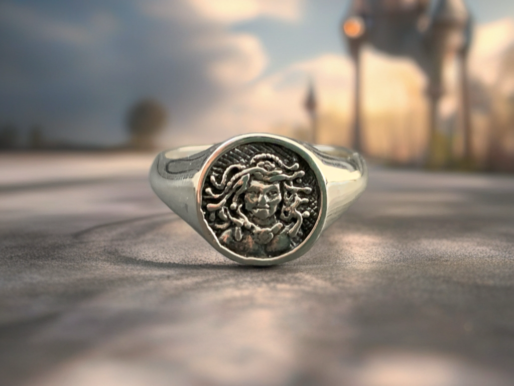 Sterling Silver Medusa Ring – Greek Mythology Jewelry, Ancient Coin Style Ring, Handmade Snake Goddess Signet Ring
