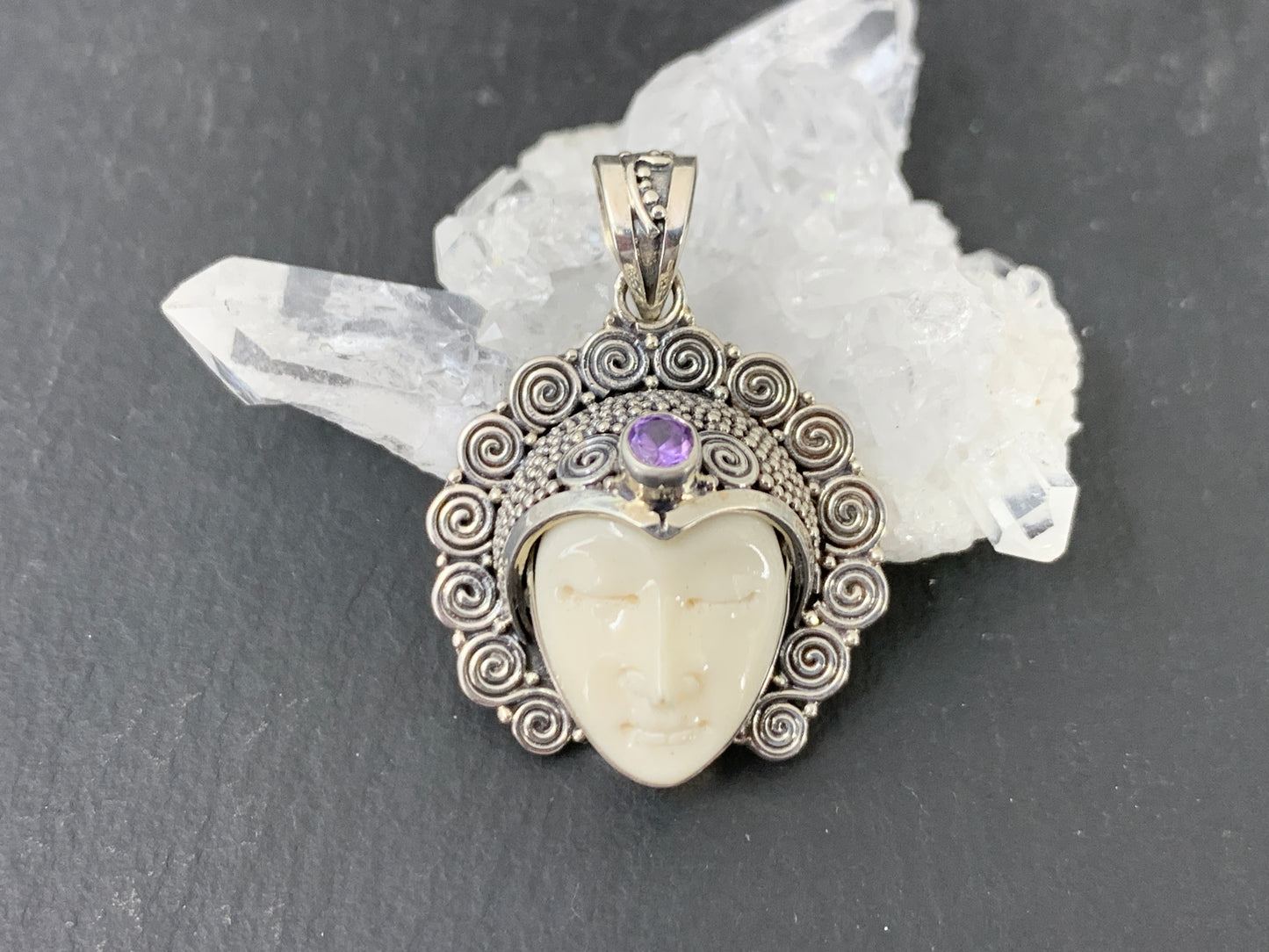 Sterling Silver Goddess Face Pendant with Amethyst