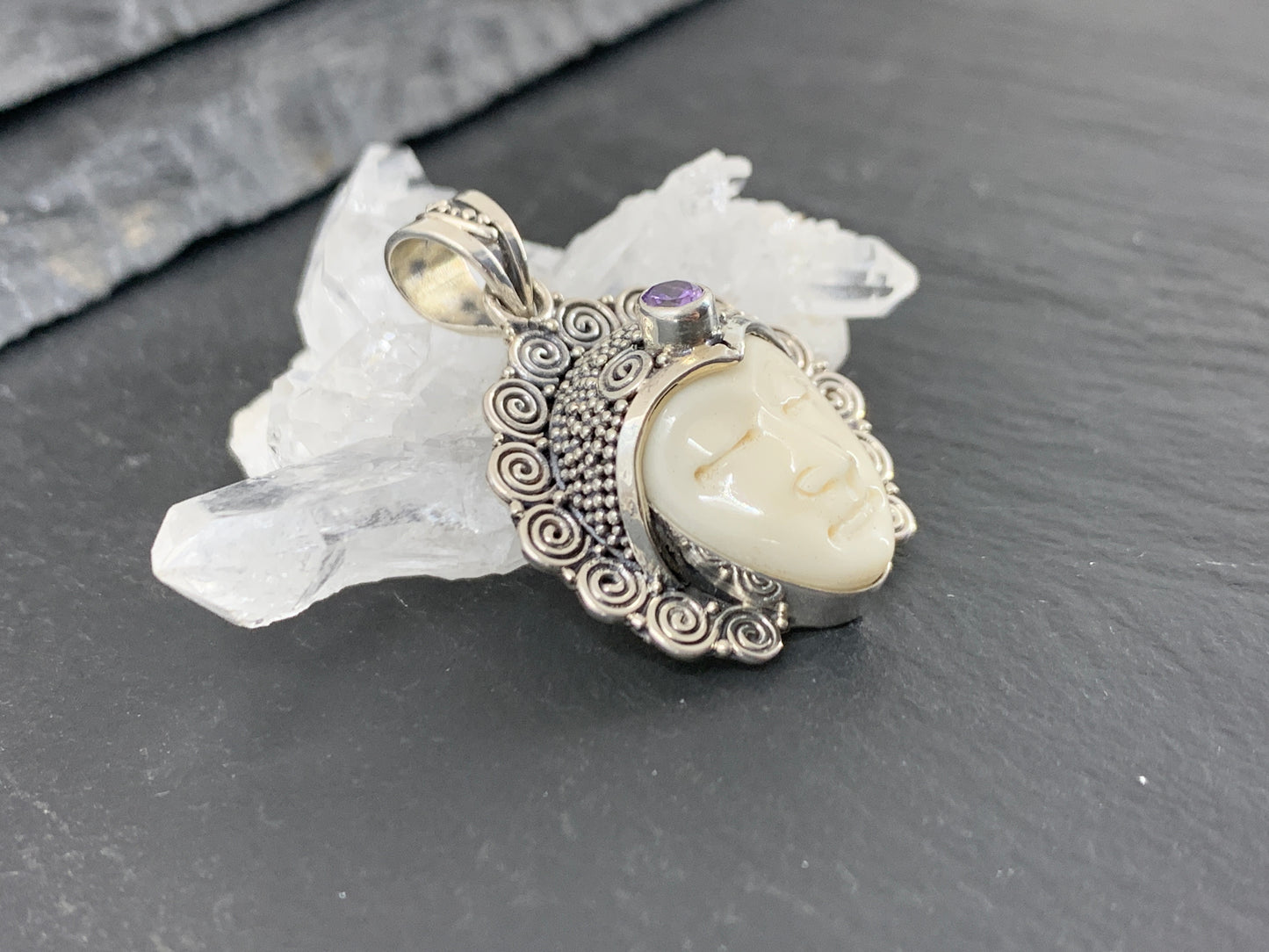 Sterling Silver Goddess Face Pendant with Amethyst