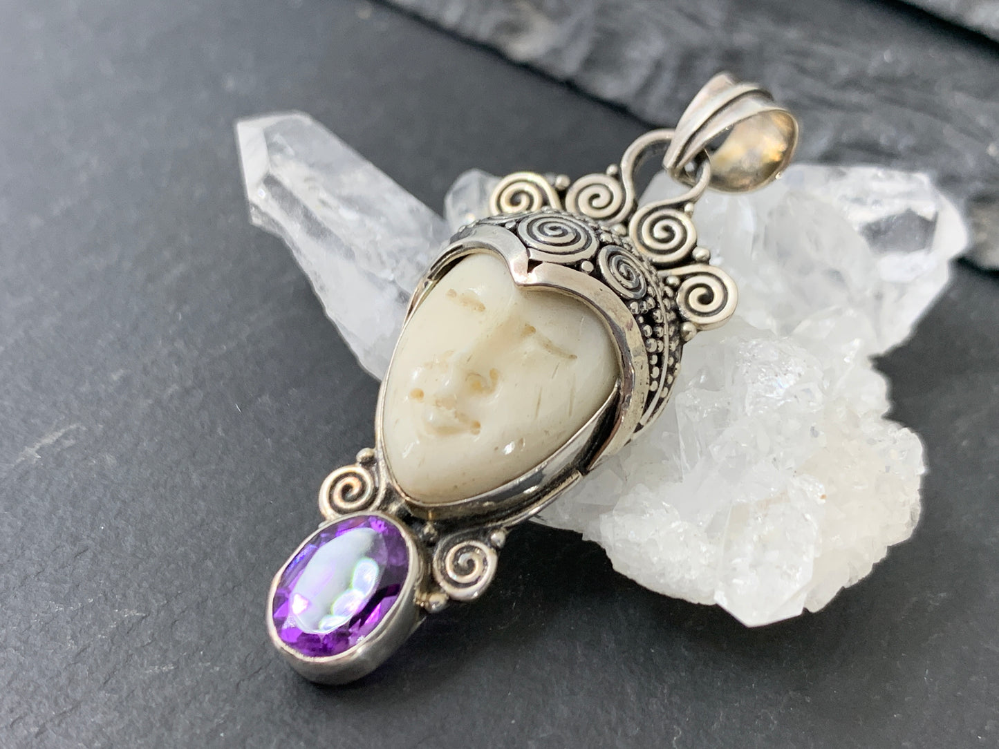 Sterling Silver Goddess Face Pendant with Amethyst