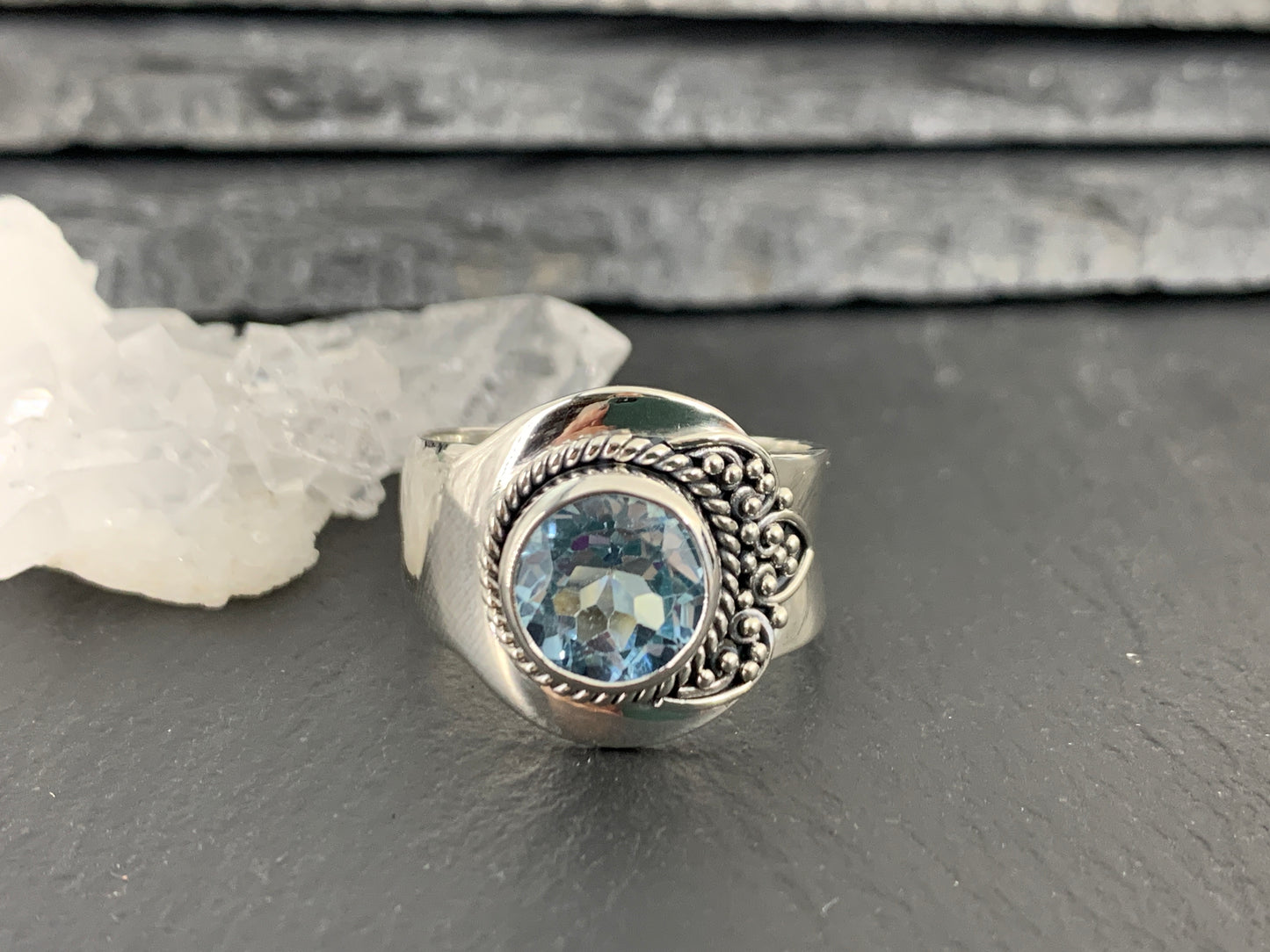 Sterling Silver Topaz Ring - Wide Band Statement Ring size