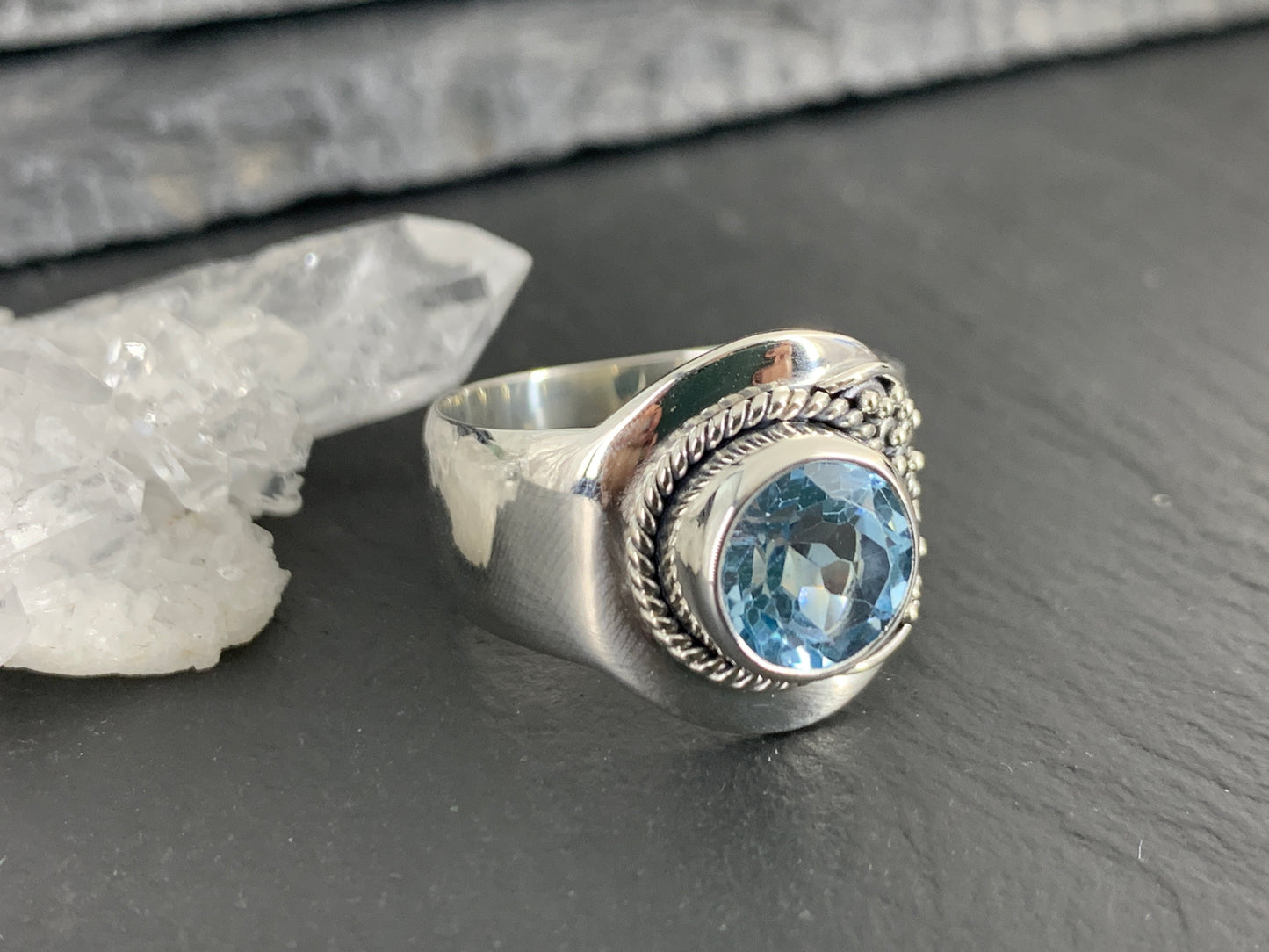 Sterling Silver Topaz Ring - Wide Band Statement Ring size