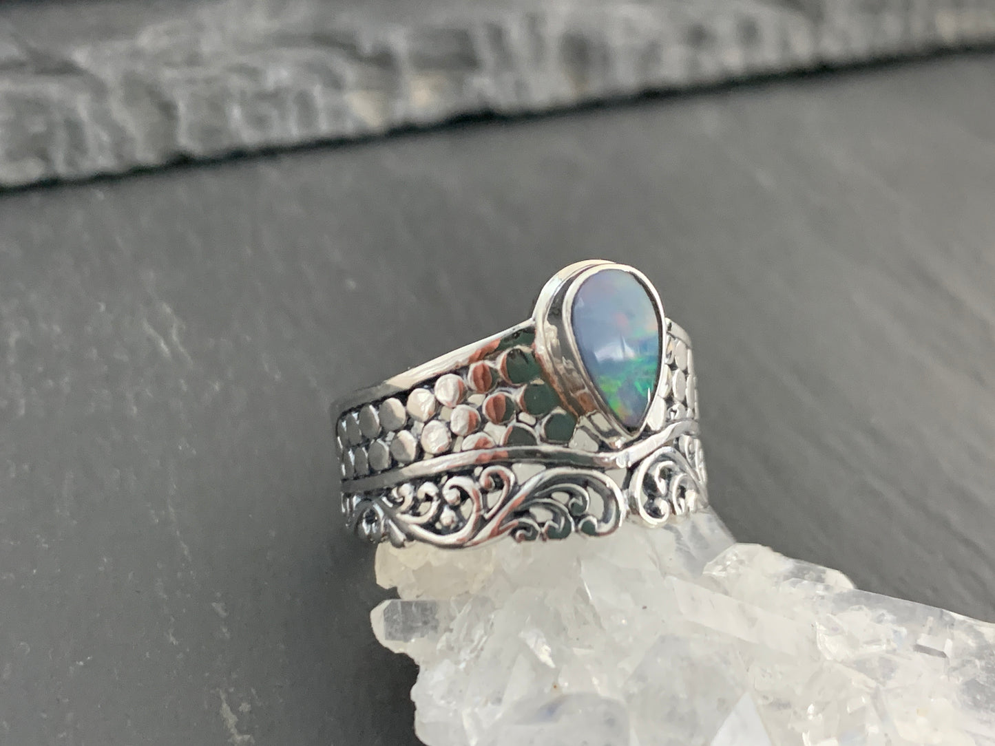 Sterling Silver Australian Opal Ring - Wide Band Statement Ring - size 8 US