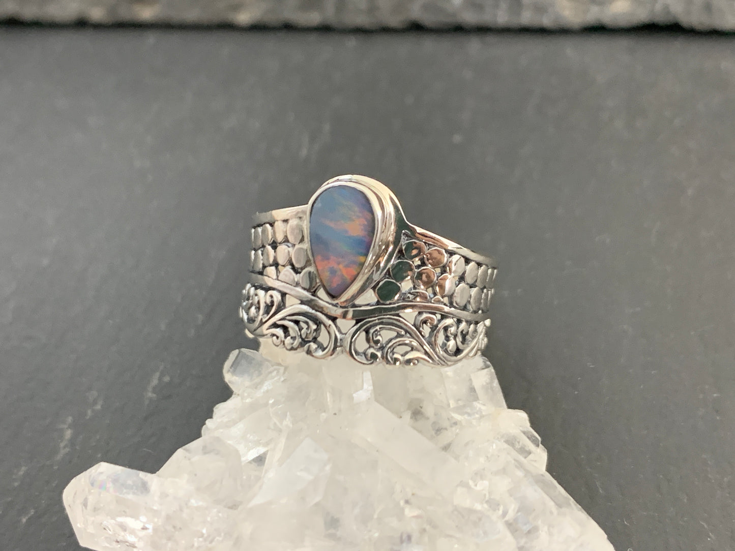 Sterling Silver Australian Opal Ring - Wide Band Statement Ring - size 8 US