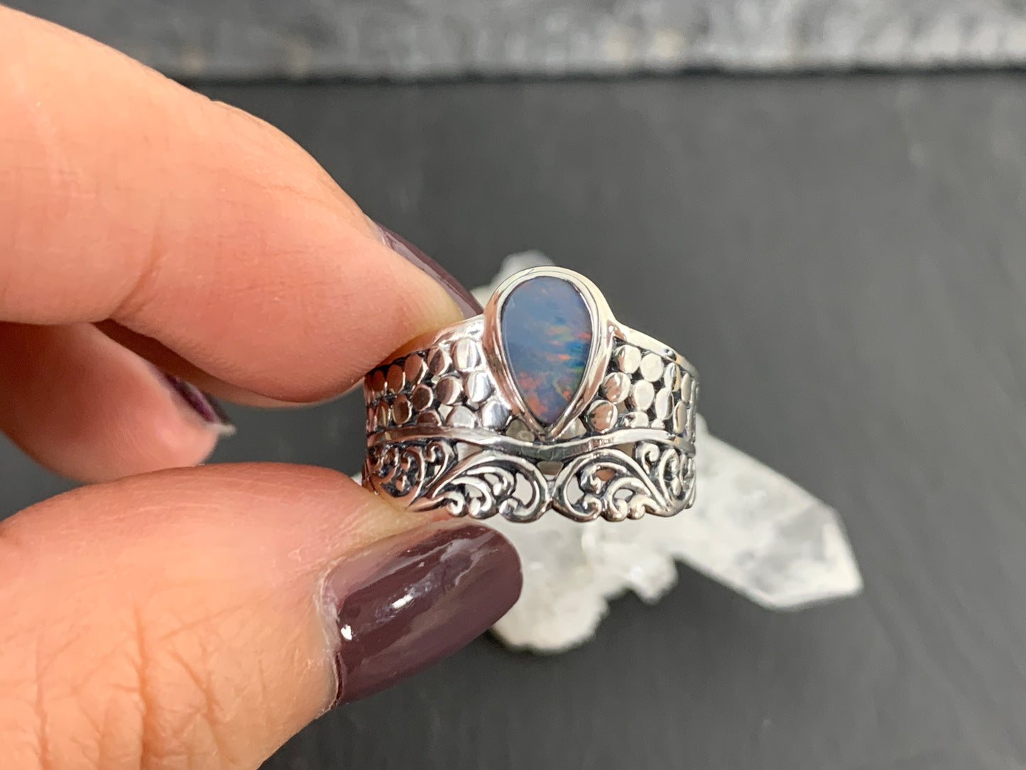 Sterling Silver Australian Opal Ring - Wide Band Statement Ring - size 8 US