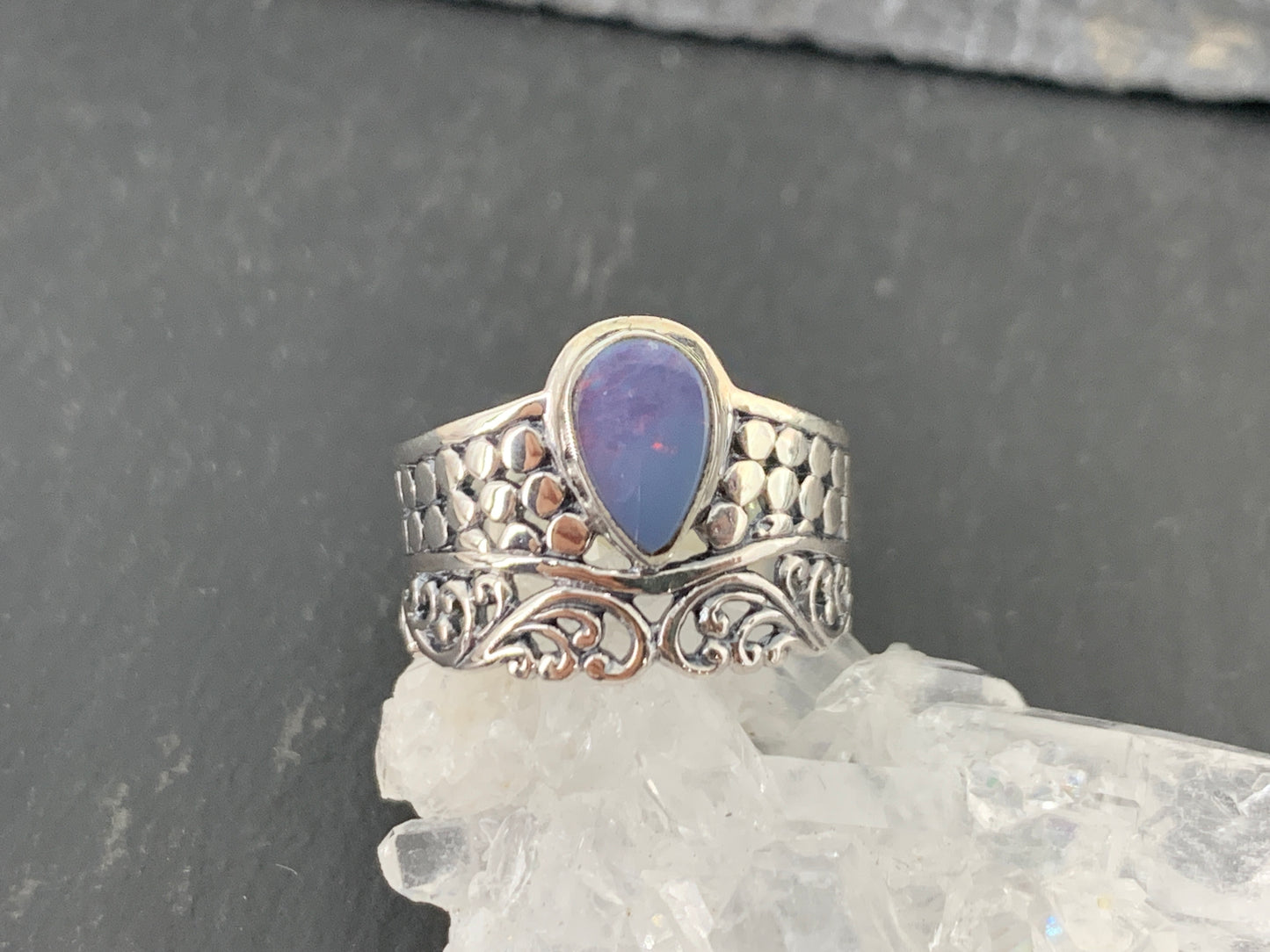 Sterling Silver Australian Opal Ring - Wide Band Statement Ring - size 6 US