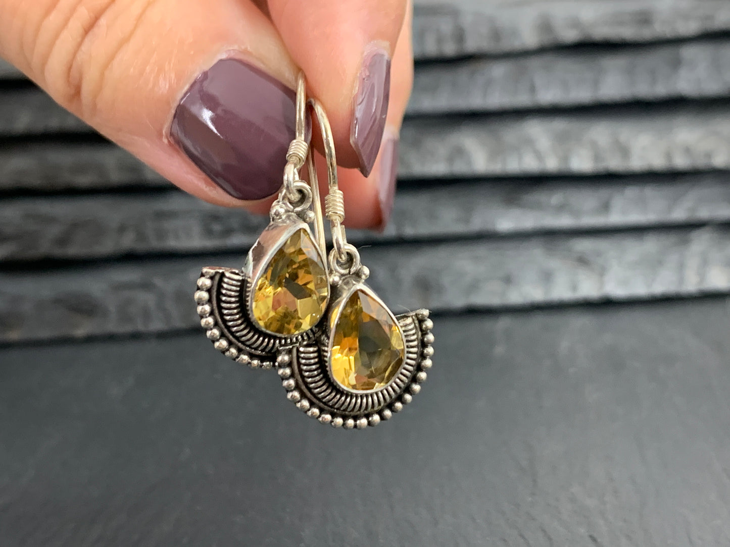Vintage-Style Citrine Teardrop Earrings – Sterling Silver Boho Dangle Earrings with Yellow Gemstone