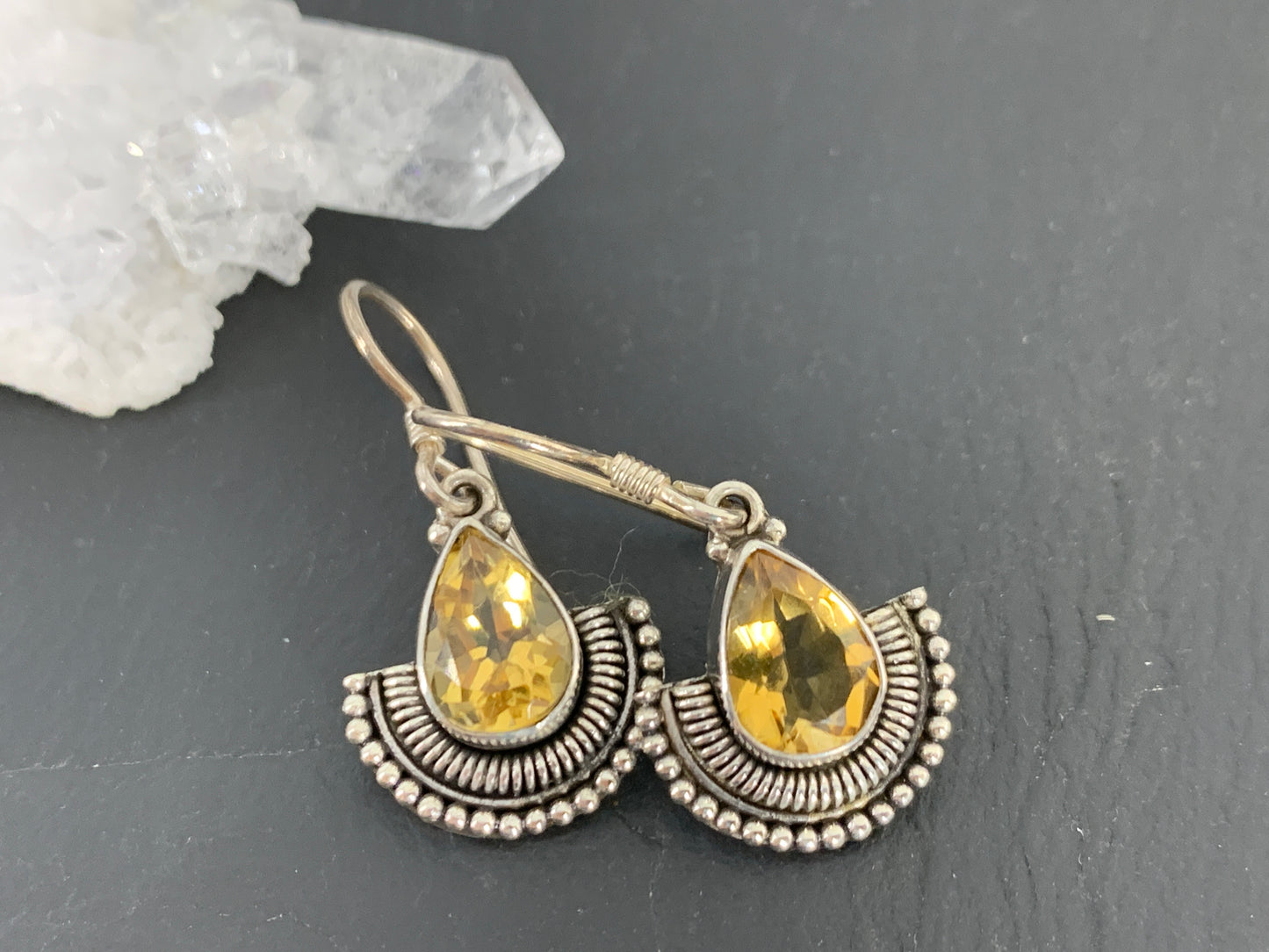 Vintage-Style Citrine Teardrop Earrings – Sterling Silver Boho Dangle Earrings with Yellow Gemstone