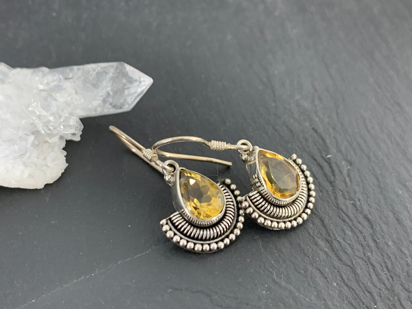 Vintage-Style Citrine Teardrop Earrings – Sterling Silver Boho Dangle Earrings with Yellow Gemstone