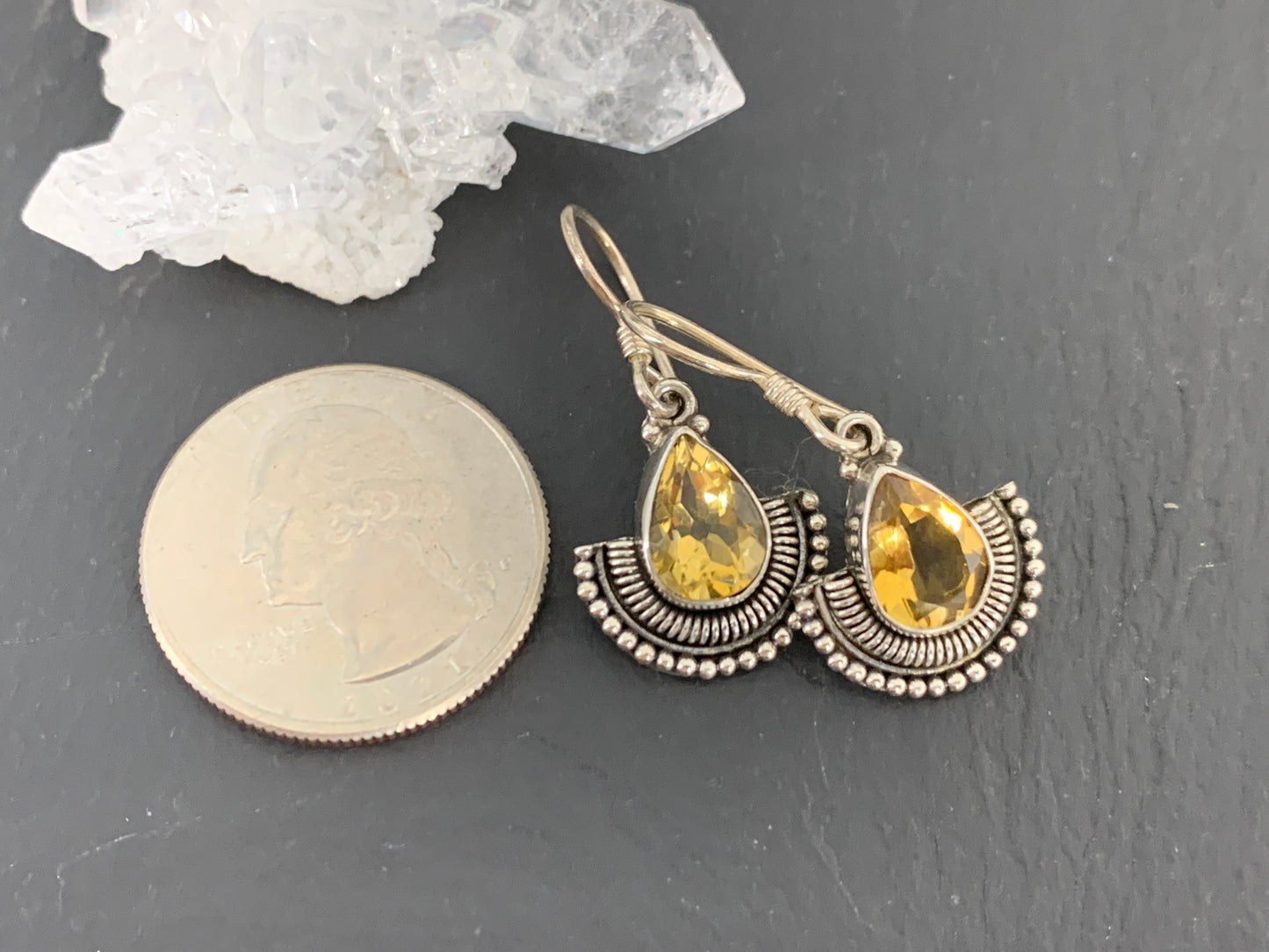 Vintage-Style Citrine Teardrop Earrings – Sterling Silver Boho Dangle Earrings with Yellow Gemstone