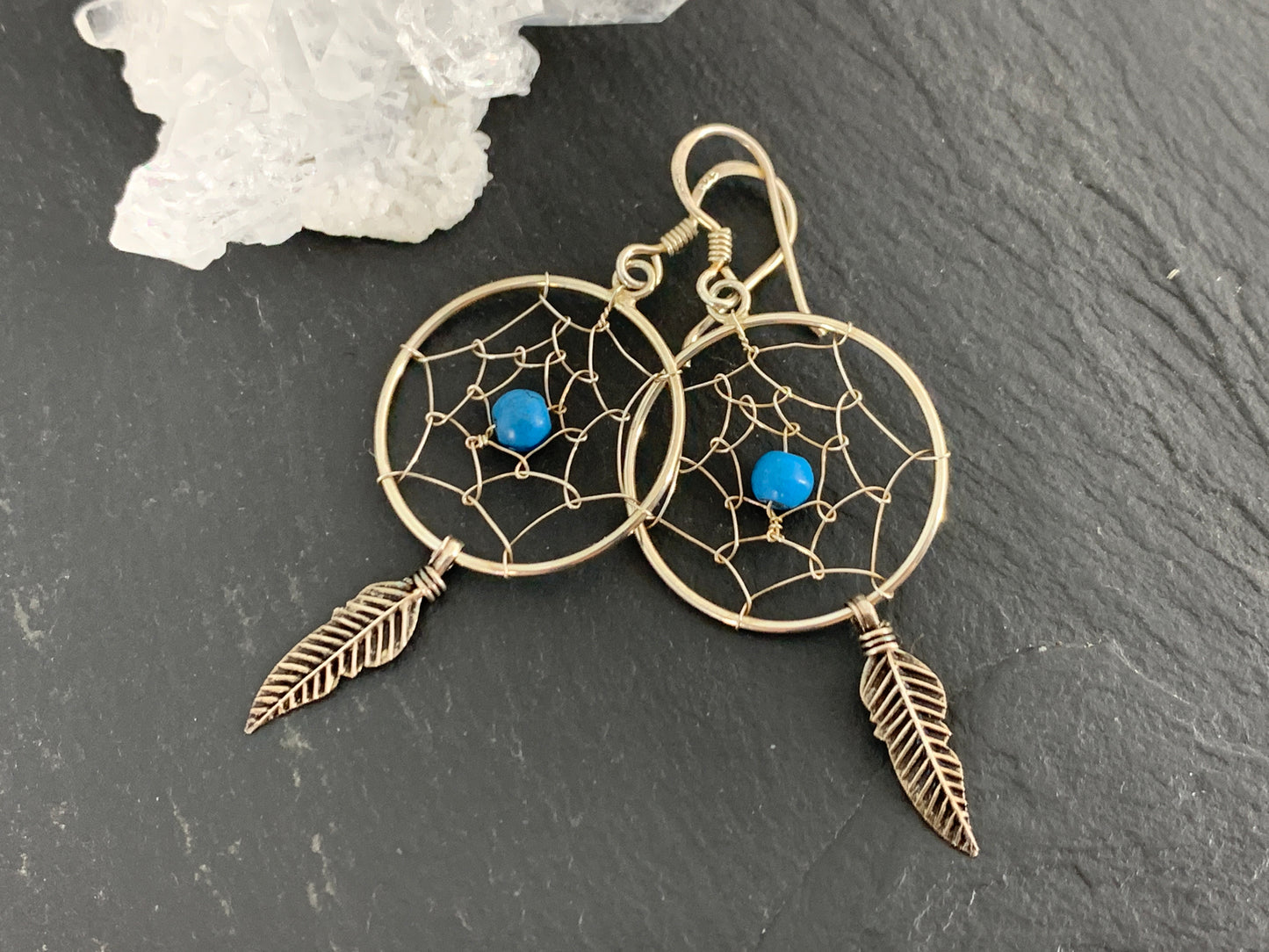 Handmade Dreamcatcher Earrings with Turquoise Bead and Feather Charm – Boho Tribal Style Jewelry