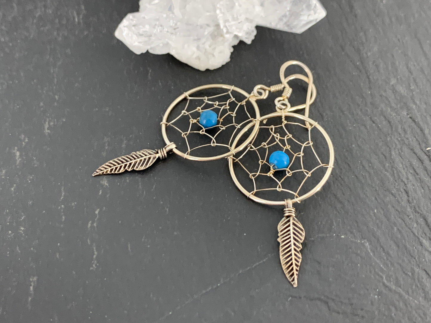 Handmade Dreamcatcher Earrings with Turquoise Bead and Feather Charm – Boho Tribal Style Jewelry