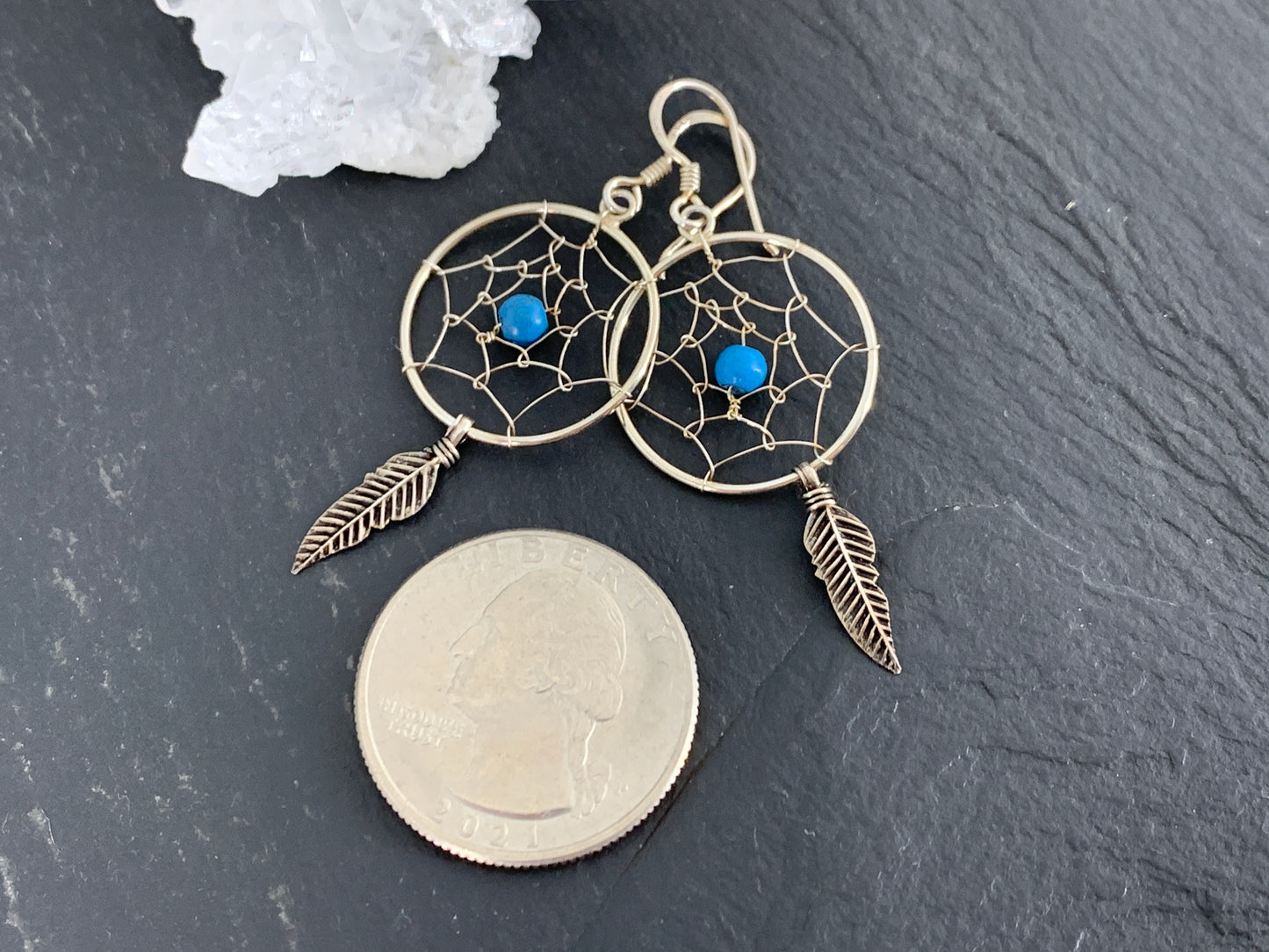Handmade Dreamcatcher Earrings with Turquoise Bead and Feather Charm – Boho Tribal Style Jewelry