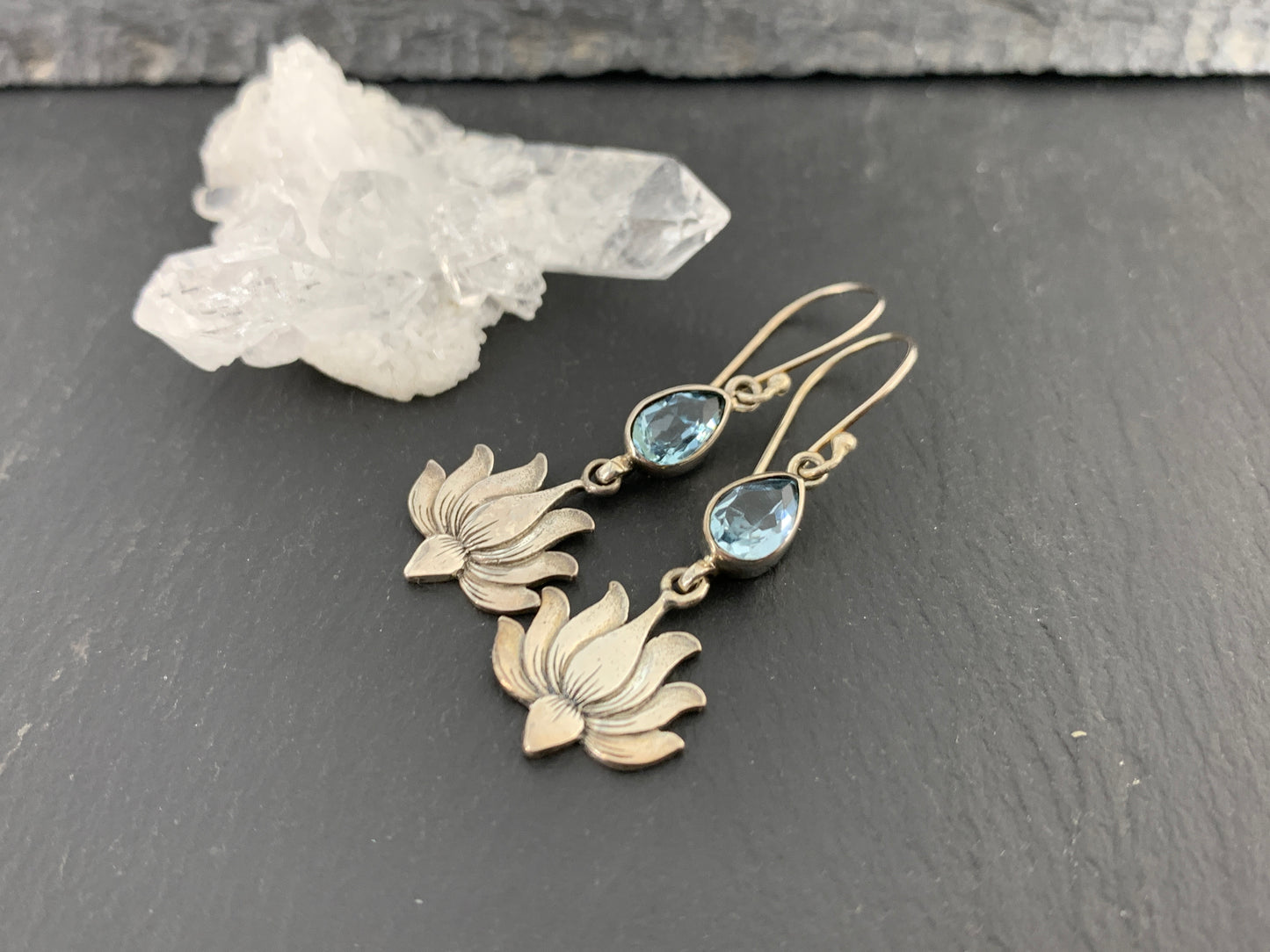 Sterling Silver Lotus Flower Earrings with Blue Topaz | Teardrop Gemstone Dangle Earrings